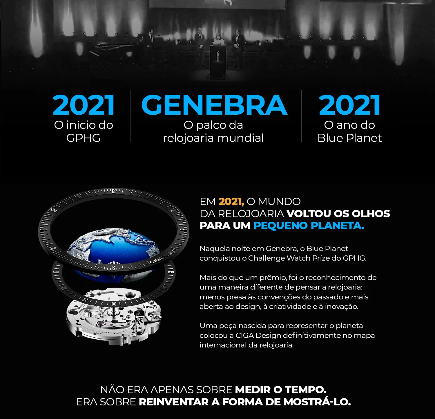 2021, o início do GPHG. Genebra, o palco da relojoaria mundial. 2021, o ano do Blue Planet. Em 2021 o mundo da relojoaria voltou os olhos para um pequeno planeta: o Blue Planet conquistou o Challenge Watch Prize do GPHG.